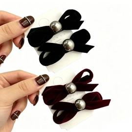 ベロア リボン ヘアアクセ 黒 ヘアクリップ 子供 2個セット 小さめ 髪飾 前髪 クリップ 髪留め 七五三 結婚式 卒園式 発表会 (パールヘアクリップ)