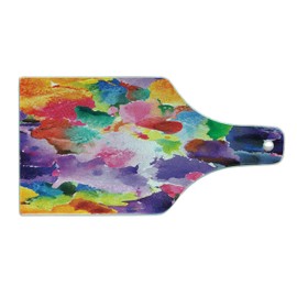 Lunarable Abstract Contemporary Cutting Board, Vivid Modern Fine Art Scratch Spots with Colorful Brushstrokes Print, Decorative Tempered Glass Cutting and Serving Board, Wine Bottle Shape, Multicolor