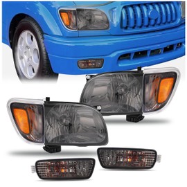 KUAFU Pair Headlights+Corner Lights+Turn Signal Lights with Bulbs Compatible with 2001-2004 Toyota Tacoma Replacement for 8115004110 8111004110 Head Lamps Corner Signal Lamps Smoke Lens Black Housing