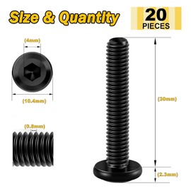 Wavanta 20Pcs M5 Bolts, M5 x 30mm Flat Head Hex Socket Cap Screws Bolts, 304 Stainless Steel Furniture Bolt Full Thread, Black Oxide, with Hex Key