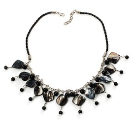 Avalaya Black Coloured Shell Composite Charm Leather Style Necklace (Silver Tone)