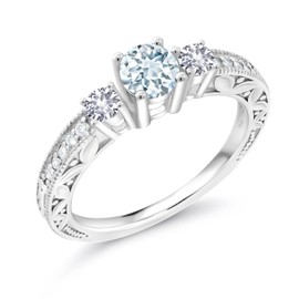 Gem Stone King 925 Sterling Silver Sky Blue Aquamarine and White Created Sapphire Women Engagement Ring (0.89 Cttw) (Size 7)
