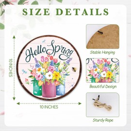 Spring Hanging Decor For Front Door, Mason Jar Flowers Welcome Spring Round Sign Decor For Farmhouse Home Yard Porch, Hello Spring Decorations, Spring Wall Plaque Gifts For Friends Family -03
