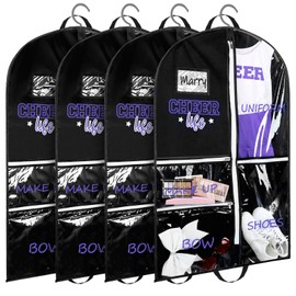 Blushtier 4 Pcs Cheer Garment Bags for Cheerleading Uniform Waterproof Hanging Garment Bags for Dance Costumes 40 Inch with 5 Pockets and Side Zip Travel Storage Cheer Uniform(Black and Purple)