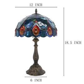 Tiffany Lamps Blue Peacock Tail Style Stained Glass Table Lamp Desk Bedside Reading Light 12X12X18.5 Inches with Bronze Resin Base Applicable to Bedroom Living Room Office