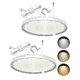 KUKUPPO 2 Pack LED High Bay Light 150W 120W 90W Adjustable, 3000K 4000K 5000K Adjustable UFO Bay Light with 5' Cable and Plug, 0-10V Dimmable AC100-277V UL&DLC Listed, White
