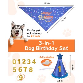 JZXOIVA Dog Birthday Party Supplies with Paw Print Kits, Dog Birthday Bandana Set, Cat Boy Girl Party Hat with Numbers for Large Medium Small Dogs, Adjustable Pet Anniversary Outfit, Blue