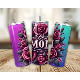20oz Skinny Stainless Steel Tumbler with the words "Best Mom" Pink Roses, Lid