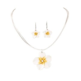 Hawaiian Plumeria Rubra Earrings Necklace Set Bohemia Tropical Flower Dangle Earrings Luau Beach Party Accessories for Women Jewelry-White