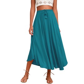 Zeagoo Women's Summer Beach Maxi Skirt Elastic Waist Pleated Lightweight Skirt with Drawstring XL Peacock Blue