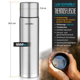 Arendo - Thermos Flask 1 Litre - Stainless Steel Thermos Flask with Lid Double Wall - 1000 ml - 100% Leak-Proof - Dishwasher Safe - Water Bottle for Hot and Cold Drinks