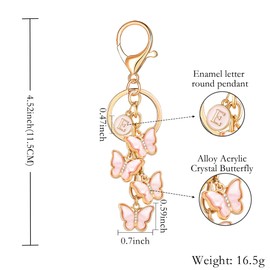 XGALBLA Pink Cute Initial Letter E Keychain for Women, Butterfly Bag Charms Acrylic Crystal Butterfly Letter Keyring Purse Bag Accessories