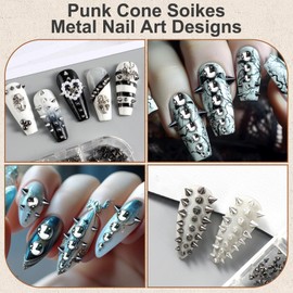 2 Boxes Metal Punk Nail Charms with Tweezer, 3D Mini Mixed Sizes Gold Black Nail Art Studs, Cone Spikes Alloy Rivets Jewelry Steel Balls Gothic Jewelry for Nails DIY Accessories