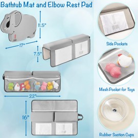 With Mums Baby Bath Kneeler and Elbow Rest Pad Set – Gray Elephant Design Cushion Mat for Knees and Elbows, Bathtub Starter Kit with Toy Storage and Non-Slip Support