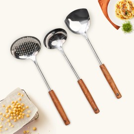 FJNATINH Wok Spatula,Ladle,Skimmer Ladle Tool Set,Mirror Polished Stainless Steel Cooking Utensils 14.6-15.2" Kitchen Utensils Cookware, Pack of 3