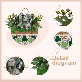 idyllic 16" St. Patrick’s Day Welcome Sign for Front Door St. Patrick’s Day Wood Door Wreath with Shamrock Carving Leaves Berries Bow Decoration for Home Farmhouse Spring Summer Indoor/Outdoor
