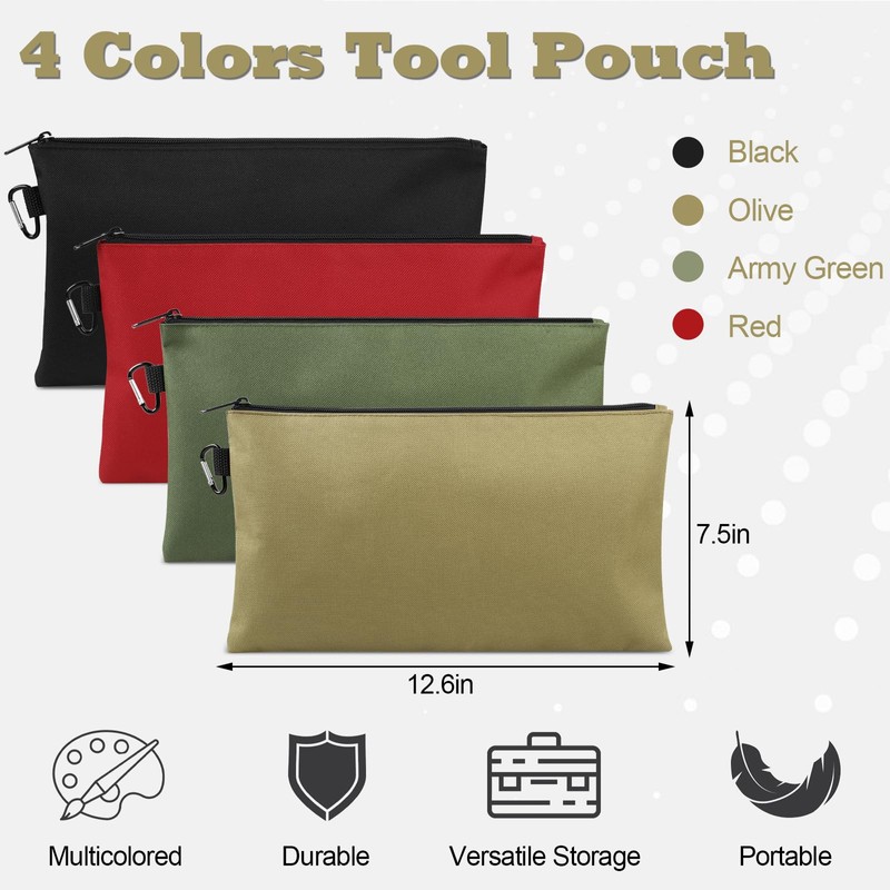 4 Pack Tool Bag, Premium Tool Pouch Zipper Bag, 12"