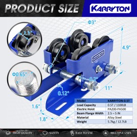 KARRYTON 0.5Ton/1100LBS I-Beam Trolley for Electric Hoist, Adjustable Manual Trolley Fits 2.5''-5'' Beam Flange, Push Beam Trolley for PA200, PA250 PA300, PA400 and P500 Electric Hoist