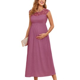 AISWI Maternity Dress with Lace Trim Sleeveless A Line Crew Neck Midi Pregnancy Dresses Baby Shower Photoshoot Casual, Light Plum, Large