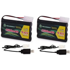 9.6V Rc Battery 1500mAh Rechargeable Ni-MH Battery Pack with Standard Tamiya Connector and USB Charger Cable for RC Car, Robots, RC Monster Truck (2 Pack)