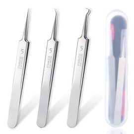 Blackhead Tweezers, Set of 3 Stainless Steel Professional Facial Blackhead Remover Tweezers, Splitter Tweezers, Tweezers Pointed with Box, Pimple Expressing Tool - Silver