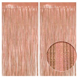 2 Pack Holographic Rose Gold Tinsel Curtains, 3.2x8.2ft Party Streamers Backdrop, Holographic Foil Curtain Photo Booth Props for Birthday, Wedding, Graduation, Festival, Holiday, and Theme Events