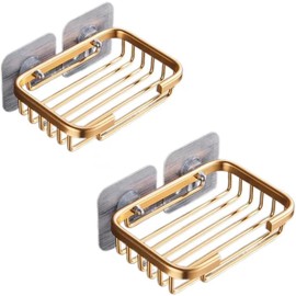 2Pcs Gold Stainless Steel Adhesive Soap Dish,Secure Bar Soap Holder for Shower Wall,Drill Free Soap Holder Storage Rack, Rack Soap Tray Bar for Bathroom and Kitchen Soap Dishes