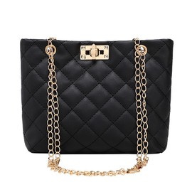 Crossbody Bags for Women & Girls Small,Quilted Shoulder Purse Leather Satchel Handbag with Gold Chain Strap, Black