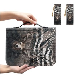 Cadowhimsy Vintage Camo American Flag Elk Deer Print Faux Leather Bible Cover Book Cover Church Bible Case Carrier with Bookmarks Books Carrying Case for Women Men Prayer Christian, 2XL