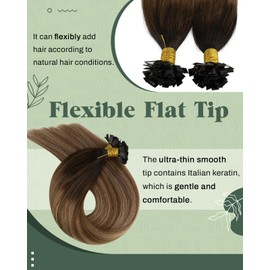 Ugeat Hot Fusion Flat Extensions Human Hair Balayage Flat Tip Hair Extensions Darkest Brown Mix Medium Brown with Blonde Balayage Pre Bonded Flat Human Hair Bundles 20inch 50G