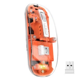 UrChoiceLtd T900 Kabellose Bluetooth-Maus, Multi-Device Slim Cordless Mouse (Dual-Mode: BT 5.1/5.2+2.4G), 400 mAh Akku 2400 DPI Transparent Optische USB-Mäuse für Notebook, PC, Mac, Laptop (Orange)