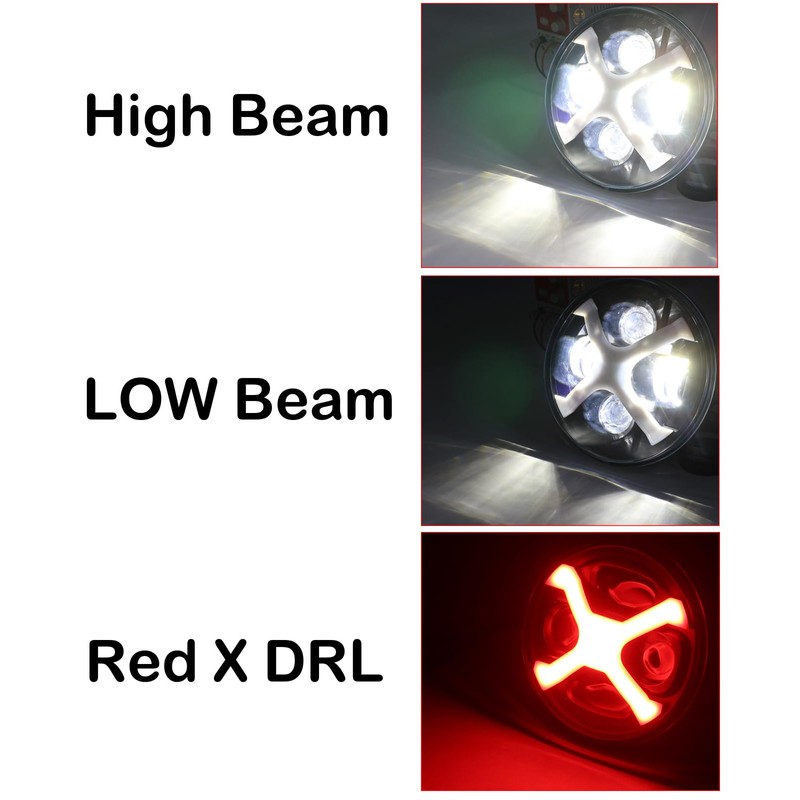 SINLIRU 5.75inch 5-3/4 Black Motorcycle Headlight X Red DRL with