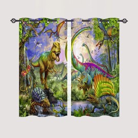 ANHOPE Dinosaur Curtains, Eyelet Ring Top Thermal Insulated 80% Blackout Curtains with Jungle Animal Dino T-Rex Print Pattern Window Drapes for Kids Boys Girls Bedroom 28 x 54 Inch Drop 2 Panels