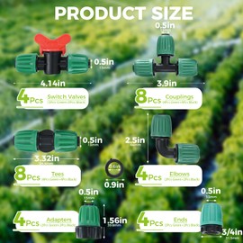 32 Pcs 1/2 Inch Tubing Irrigation Fittings Kit, 1/2 ID x 0.6-0.63 OD 16 mm Drip Tubing Irrigation Barbed Locked Nuts Connectors - 4 Switch Valves, 8 Tees, 8 Couplings, 4 Elbows, 4 Ends, 4 Adapters