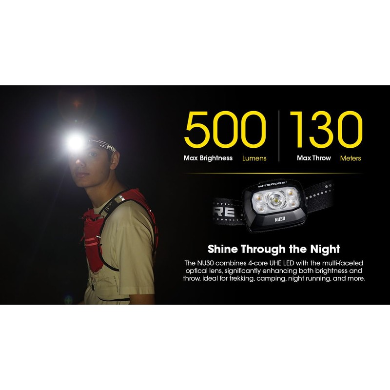 Nitecore NU30 500 Lumen LED Rechargeable Headlamp with White and