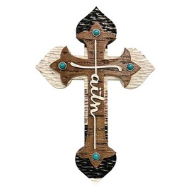 De Leon Collections 14234 Faith Brown and Cream Color 11.8 Inch Polyresin Southwestern Rustic Distressed Decorative Home Décor Hanging Sculpture Wall Cross