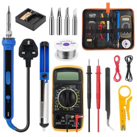 Soldering Iron Kit, 100 W LED Visible Temperature Adjustable 180-520°C Precision Electronic with On/Off Switch, Kit with Digital Multimeter, 5 Welding Tips, Desoldering Pump, Soldering Wire（BS‌ Plug）