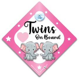 Twins On Board Sign Pink Elephant, Baby On Board Sign, Grandchild On Board Car Sign, High Visibility Advisory Car Sign Designed to Let Other Road Users Baby is in The Car, 14 cm x 14cm x 2cm