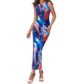 BTFBM Women Bodycon Maxi Dresses 2025 Summer Sleeveless Floral Ruched Slit Mesh Party Cocktail Wedding Guest Tank Dress(Floral Dark Blue, XX-Large)