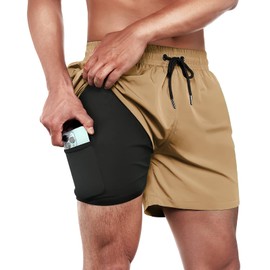 BRISIRA Mens Swim Trunks Swim Shorts Quick Dry 5 inch Inseam Beach Shorts with Compression Liner and Zipper Pocket Khaki