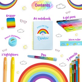 abeec Rainbow Pencil Case with Stationery Included - Stationary Sets for Girls - Includes Gel Pens, A4 Notebook, Glitter Pen and Highlighters - School Stationary Set