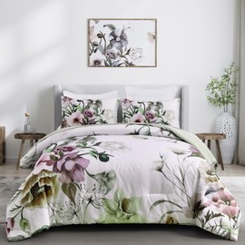 Drucon 3 Piece Floral Comforter Set Queen, Green Floral Printed on White, Soft Microfiber Bedding Set for All Season (1 Comforter, 2 Pillowcases)