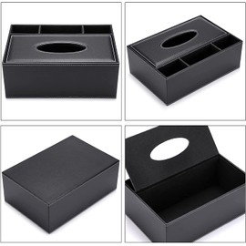 PU Leather Tissue Box Household Office Rectangular Tissue Box with Remote Storage Box - Elegant and Stylish Napkin Holder for Home Desk Storage Box, Black
