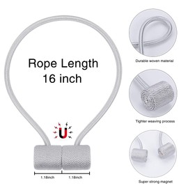 Magnetic Curtain Tiebacks, Strong Magnetic Window Curtain Tiebacks Clips Decorative Rope Holdbacks Drapery Curtain Tie Backs Weave Holder for Window Draperies Hold Curtains Drape Ties Backs (4, Grey)