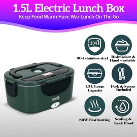 IXIIE Electric Lunch Box 80W Food Warmer for Work, 12V/24V/110V Portable Lunch Warmer for Adults with 2-Pack Stainless Steel Containers, Heated Lunch Box for Car/Truck/Office/Outdoors