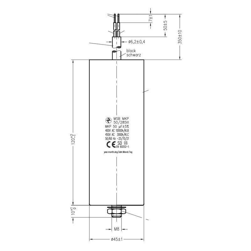 LORTECH Motor Capacitor 450V, 2µF to 50µF, Cable Connection (50µF,