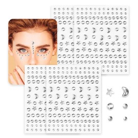 Pack of 4 Moon Face Gemstones Glitter Stones Stickers, Face Art Stickers, Face Gemstones, Temporary Tattoo Stones, Face Face Body for Party, Make-Up, Festival (Silver)