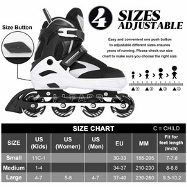 6 Sizes Adjustable Inline Skates for Youth and Adults with Full Light Up Wheels, Outdoor Roller Skates for Girls and Boys, Men and Women (White, Large)