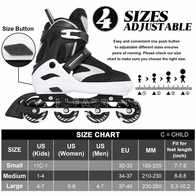 6 Sizes Adjustable Inline Skates for Youth and Adults with