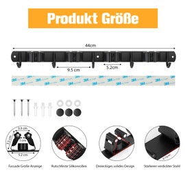 Sampoes Broom Holder Wall, Broom Holder, Stainless Steel, Tool Holder, Wall Mount with 4 Holders and 5 Hooks, Broom Hanging Garden Tool Holder, Broom Mop Holder for Home, Garden, Kitchen, Garage